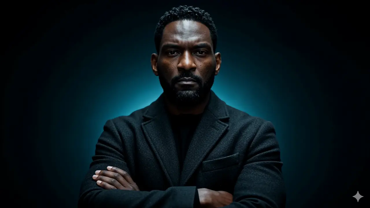Marcus Martin in a navy studio with cyan rim light