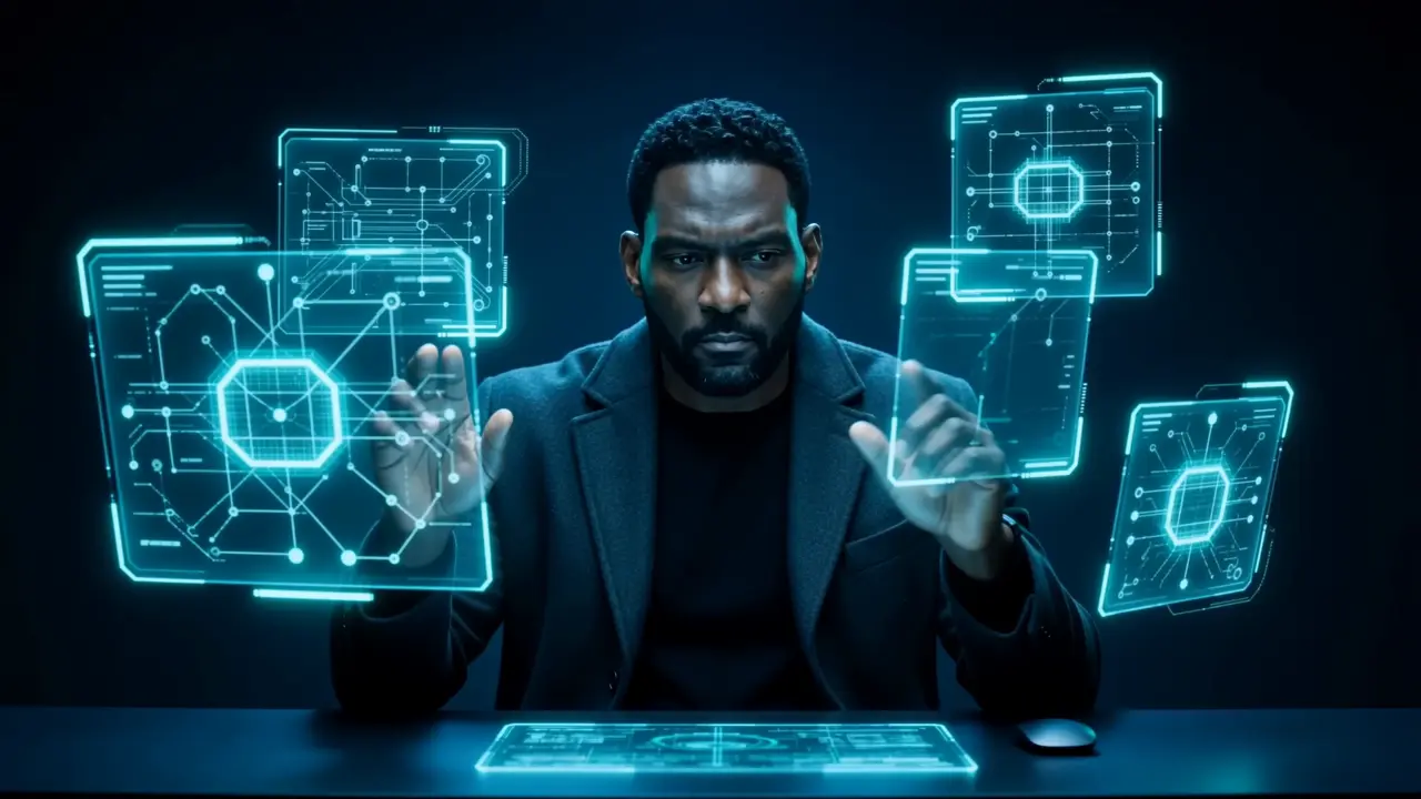 Marcus Martin at a desk among glowing cyan panels