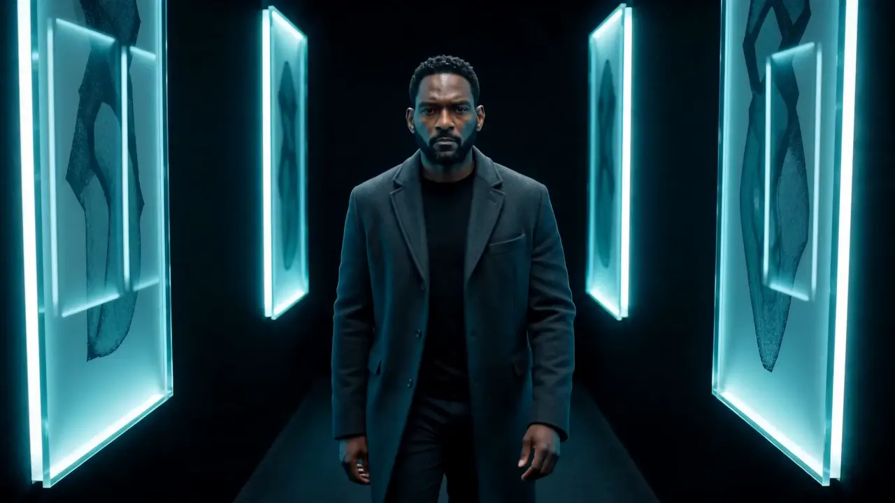 Marcus Martin walking a navy gallery of cyan panels